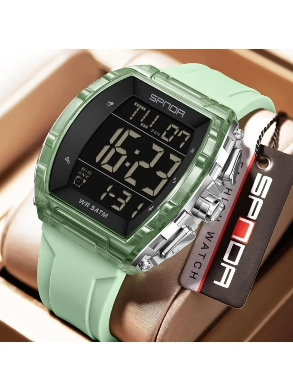 Men's Green Analog Quartz Tonneau Shape Dual Waterproof Digital Luxury Watch